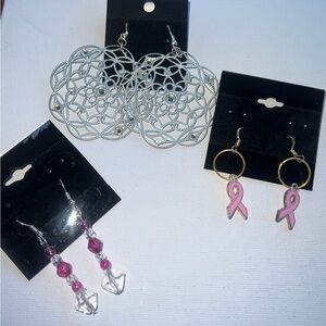 Set of 3 Pairs Dangle Drop‎ Earrings Silver Tone Pink Ribbon Gold Tone Beaded